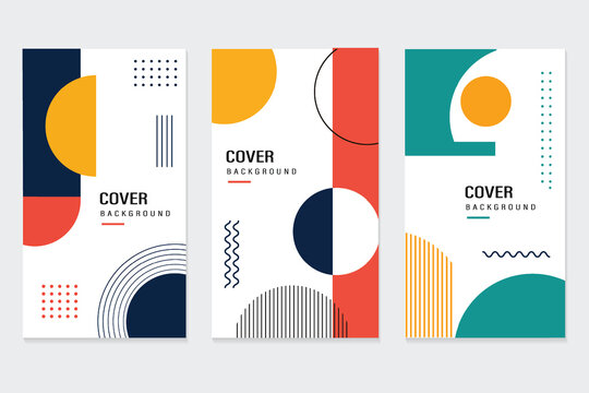 Modern Geometric Cover Background Set with Colorful Shapes, Circle and Abstract Elements. Minimal Bauhaus Style Book Cover and Poster Template Collection. Retro Vintage Style Banner