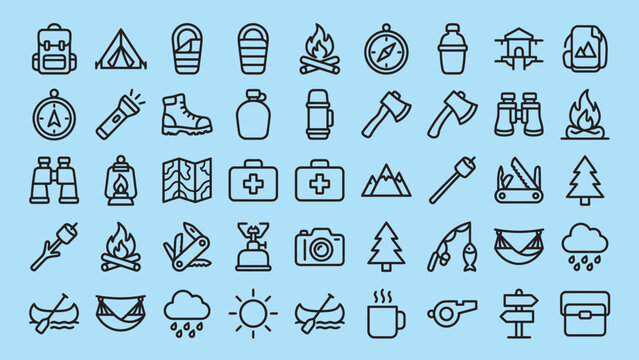 Set of camping and hiking equipment icons, vector illustration of outdoor gear