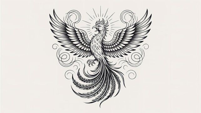 Black peacock illustration. Detailed bird drawing with ornate design. Symbolic animal artwork