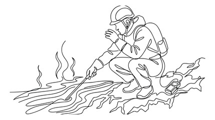 Obraz premium Continuous line art of a firefighter extinguishing a wildfire, emergency response vector illustration. Fire safety, forest fire prevention, and environmental protection concept art.