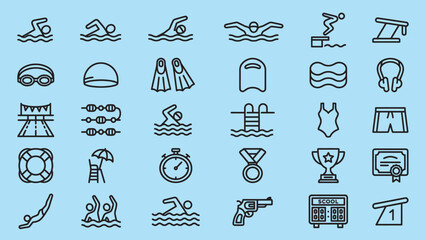 Set of swimming icons, including swimmer, pool equipment, competition gear, and accessories © Something