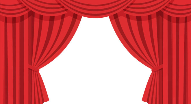 Vector illustration of open red theater curtains with decorative valance and tied-back drapes, showcasing a white center background for stage, performance, and cinema themes.