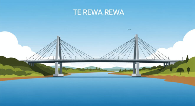 Vector illustration of the Te Rewa Rewa bridge, a cable-stayed architectural structure spanning a blue river, featuring green hills, a clear sky, white clouds, and minimalist landscape design.