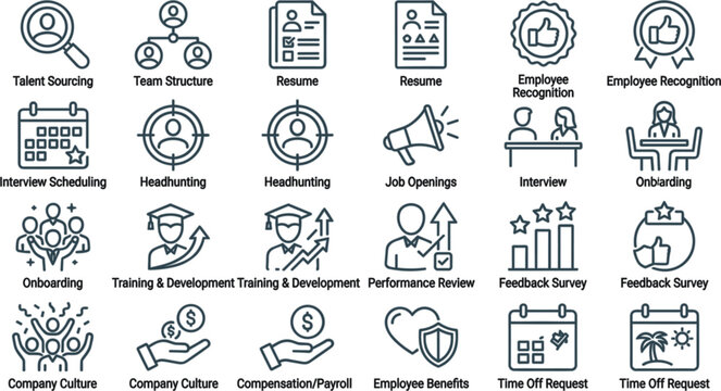 Human resources and career development line icon set featuring linear symbols for talent sourcing resume recognition interview openings onboarding training payroll benefits and time off request.