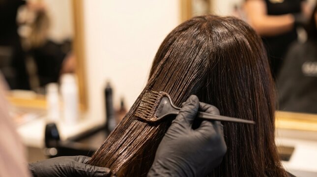 A hairdresser applies dye to a woman's long dark hair with a brush in a salon.
