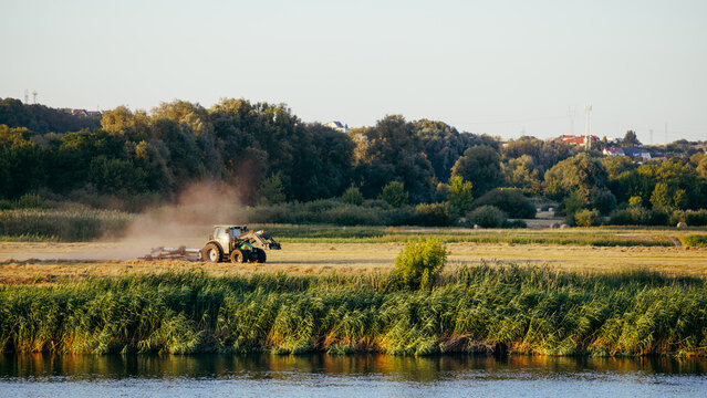 A tractor stirs dry hay, raising dust in a meadow by the river, with trees in the background, bathed in the evening sun.