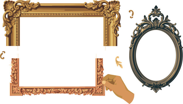Vintage Gold Picture Frame Vector Set with Luxury Antique Baroque Borders Oval Mirror Frame and Hand Adjusting Decorative Elements for Interior Gallery Concepts