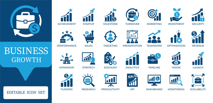 Business Growth and Financial Analytics Icons. Featuring revenue increase, sales marketing, startup rocket, data dashboard, and expansion symbols. Professional duotone vector set for corporate apps