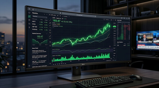 Curved Monitor displaying financial charts with upward trend during evening lighting