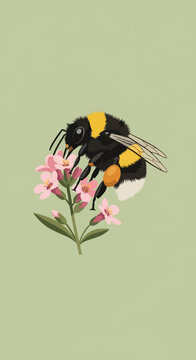 Vector illustration of a yellow and black bumblebee with orange pollen sacs collecting nectar from pink wildflowers, featuring fuzzy textures and wings on a light green background.