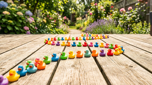 Array of Miniature Colorful Rubber Duckies Lined Up on a Wooden Deck in a Garden Setting