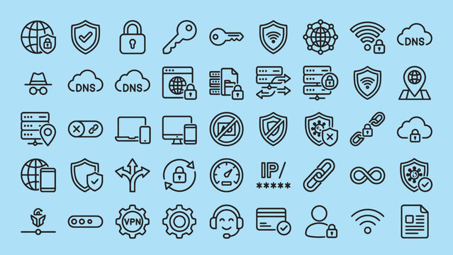Set of internet security and network protection icons, thin line style