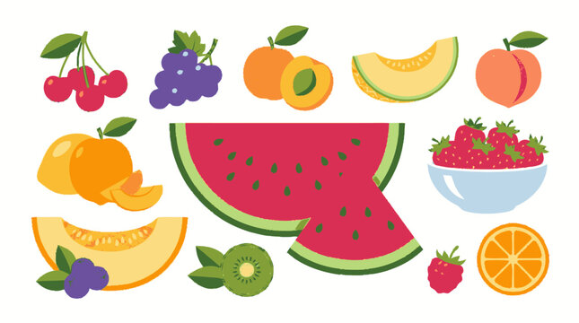 Sketchy flat textured illustration of a vibrant assortment of fresh fr