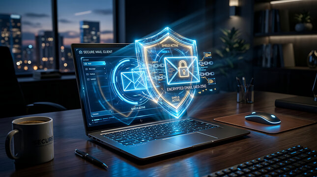 Digital cybersecurity shield protecting email communications on a laptop screen during evening office hours