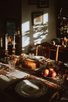Festive dining table set with cake and fresh fruit in sunlight. Classic holiday home celebration interior. Elegant table decoration with lit candle for dinner party gathering atmosphere.