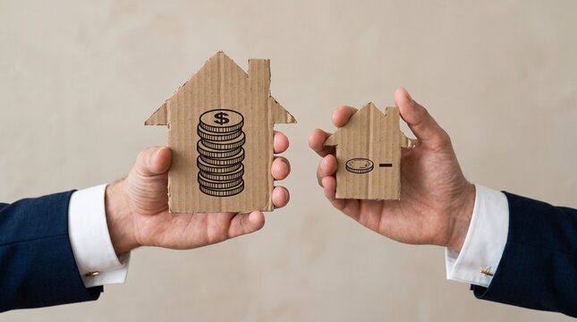 Real estate investment concept with cardboard house icons, hands holding property symbols with money and coin graphics, mortgage and housing market growth