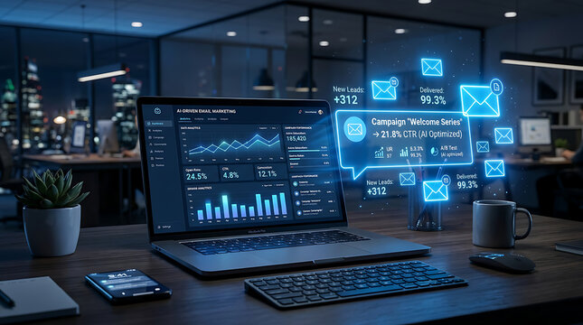 Digital marketing dashboard on laptop screen with email notifications in office setting