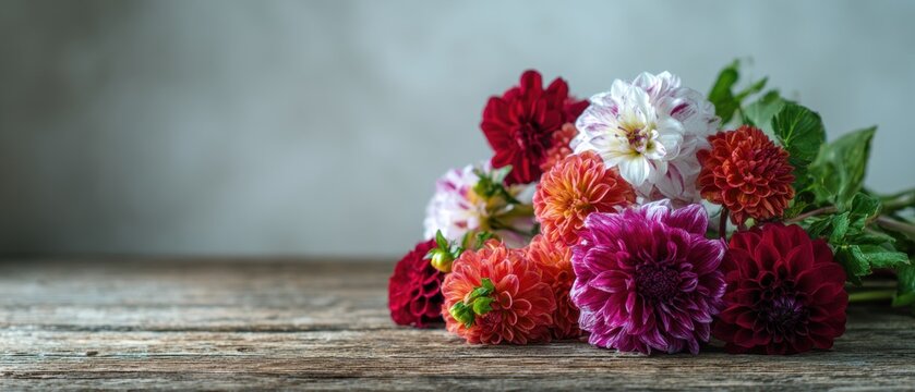 Colorful dahlia flowers arranged on rustic wooden surface. Beautiful floral composition for decoration or greeting card. Natural beauty, spring season concept. Still life botanical art.