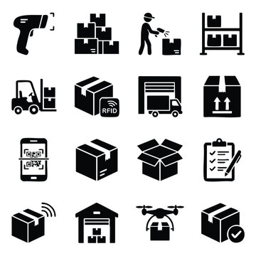Logistics supply chain and warehouse management icon set with logistics warehouse shipping delivery inventory packaging transport management forklift tracking checklist industry business