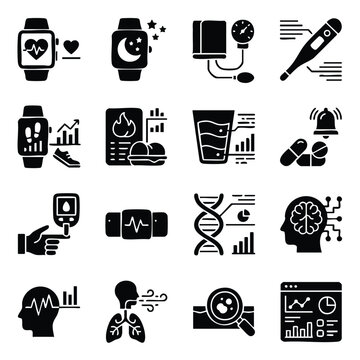 Personal healthcare and biometric monitoring icons with healthcare biometric wellness tracking analysis smartwatch pressure diagnostic examination technology clinical lifestyle activity