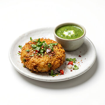 Crispy Aloo Tikki with Mint Chutney Isolated on White Background