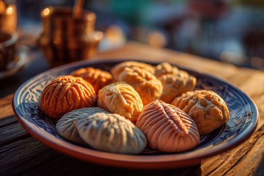 Traditional maamoul cookies on patterned ceramic plate. Baked Middle Eastern dessert with date filling. Healthy sweet snack for Ramadan celebration or Eid al-Fitr party at sunset light.