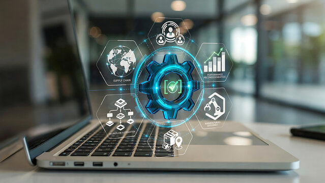 Digital workflow overlay with gears and icons above a laptop keyboard in soft office light