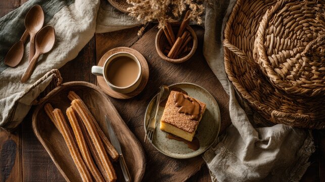 Churros and sponge cake with chocolate sauce served on a rustic wooden table with coffee cup. Traditional sweet breakfast and snack. Culinary photography of gourmet dessert and pastry.