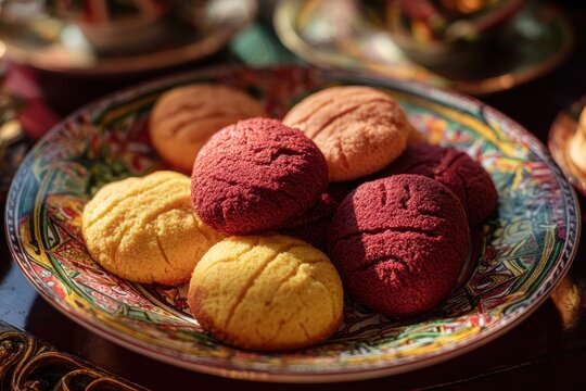 Colorful Mexican concha bread on decorative plate. Sweet pan dulce pastry for breakfast. Traditional baked dessert with red and yellow crust for bakery menu or celebration food.