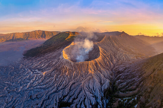 Aerial view of Mount Bromo volcano (Gunung Bromo)in Bromo Tengger Semeru National Park, East Java, Indonesia.