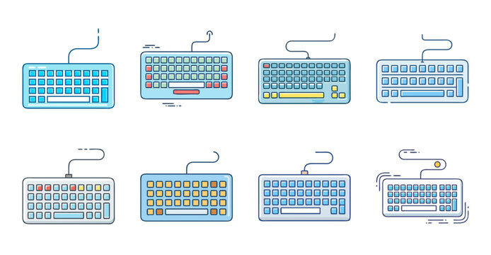 Set of colorful computer keyboard icons with different styles - Bright and varied icons showing different computer keyboards in flat design style with subtle shadows and vibrant colors.