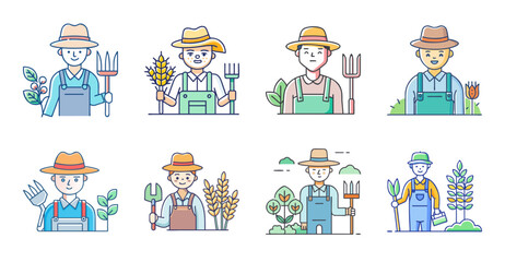Naklejka premium Diverse group of cartoon people with different professions - Colorful cartoon characters representing various jobs like chef, scientist, and farmer in a cheerful, simple style.