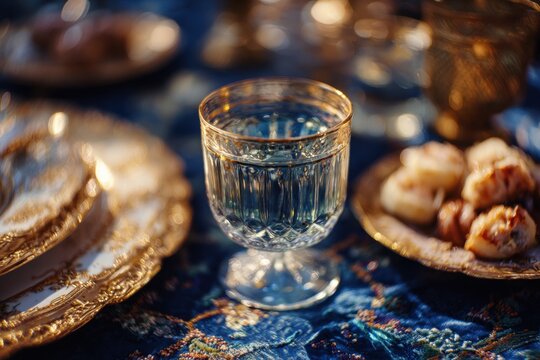 Clear water glass on a decorated table with gold trim plates and sweets. Festive table setting for celebration and oriental dinner. Elegant dishware and luxury dining decoration.