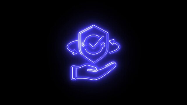 Neon shield checkmark approval icon glowing above hand on black background  shield checkmark, approval icon, neon glow, hand symbol, black background, verified, security badge, trust, protection, anim