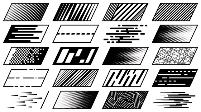 Collection of various geometric parallelogram patterns with halftone dots and speed line textures