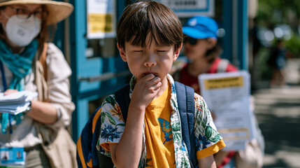 Fototapeta premium Elementary school boy sneezing dramatically into elbow outside school entrance during spring allergy season under harsh midday sun while backpack slides off shoulder and nearby teacher holds stack o
