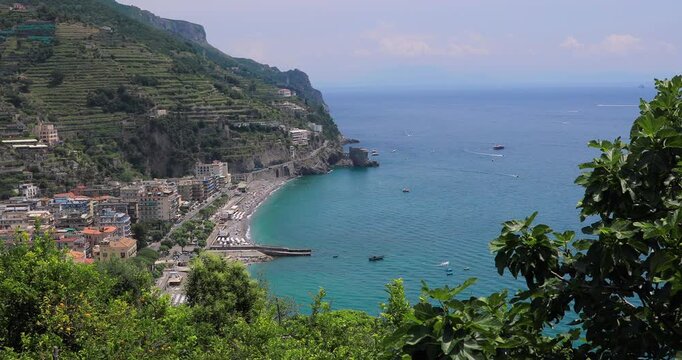 Townscape of Maiori on Amalfi Coast from the Lemmon Trail in Campania region, southern Italy.