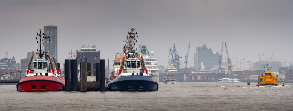 Tugboats in Waltershofer Hafen with Container Cranes Under Overcast Sky, Hamburg Germany