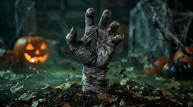 Spooky halloween zombie hand emerging from grave with jack o' lantern and cobwebs halloween decorations