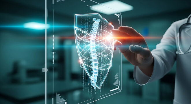 Advanced medical security shield protecting digital spine data for HIPAA compliance and patient privacy in futuristic healthcare