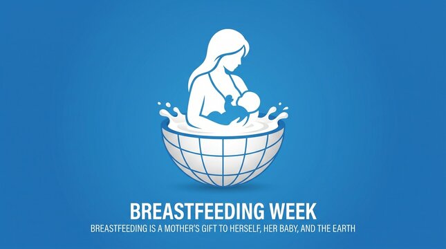 World Breastfeeding Week poster with mother nursing baby in milk globe on blue background