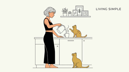Naklejka na ściany i meble Minimalist line art vector of woman pouring tea in kitchen with cats, living simple lifestyle illustration, cozy morning routine scene with domestic pets and modern home interior decor.