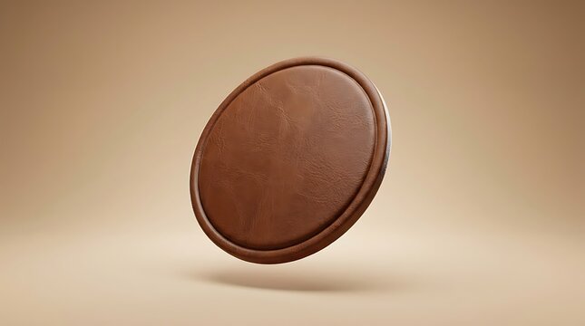 A high quality 3d rendered circular leather patch floating against a soft beige studio background perfect for branding or fashion apparel design mockups