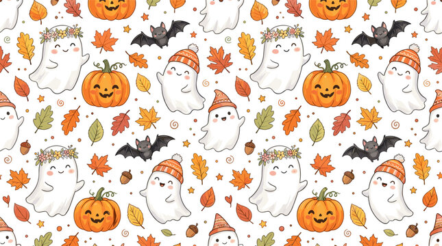 Halloween seamless pattern with pumpkins and ghosts. Spooky autumn design with bats and leaves. Festive holiday background