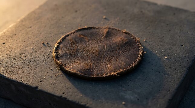 A rustic circle leather patch sits centered on a dark textured concrete block under soft warm golden hour light captured in a professional studio shot
