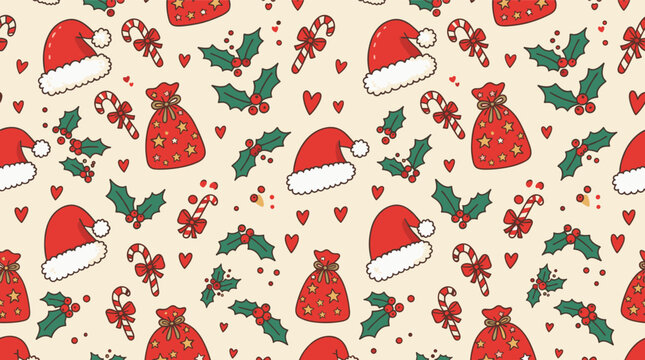 Christmas holiday pattern with Santa hats and holly. Festive winter seamless design. Seasonal decoration background