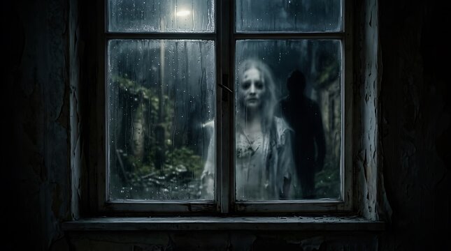 Spooky halloween night ghostly figures lurking behind a rain streaked window a haunting scene