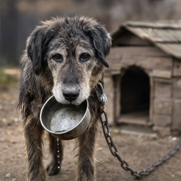 A scruffy dog with a soulful gaze clutches an empty metal water bowl in its mouth while being chained near a wooden doghouse, evoking a sense of melancholy