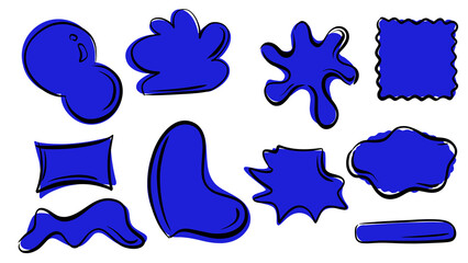 Naklejka premium Set of blue liquid blob shapes, organic doodle elements, hand-drawn comic splashes, and sticker frames isolated on white background