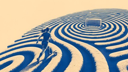 Obraz premium Sports Football Woman Dribbling Through Giant Fingerprint Maze Toward Goal
